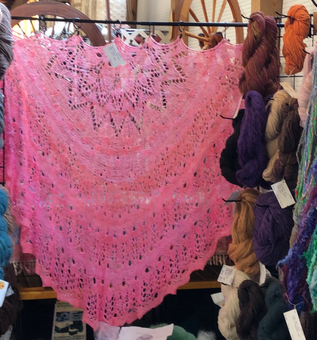 Hand spun, hand knit shawl in The Spinning Guy Booth, MFF, 2023